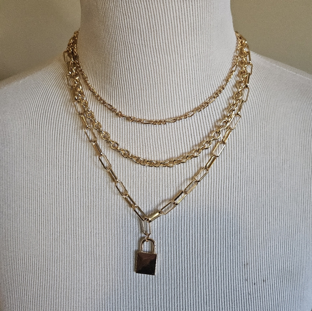 Gold Layered Gold Tone Chain Necklace with Padlock Pendant. - Picture 7 of 9